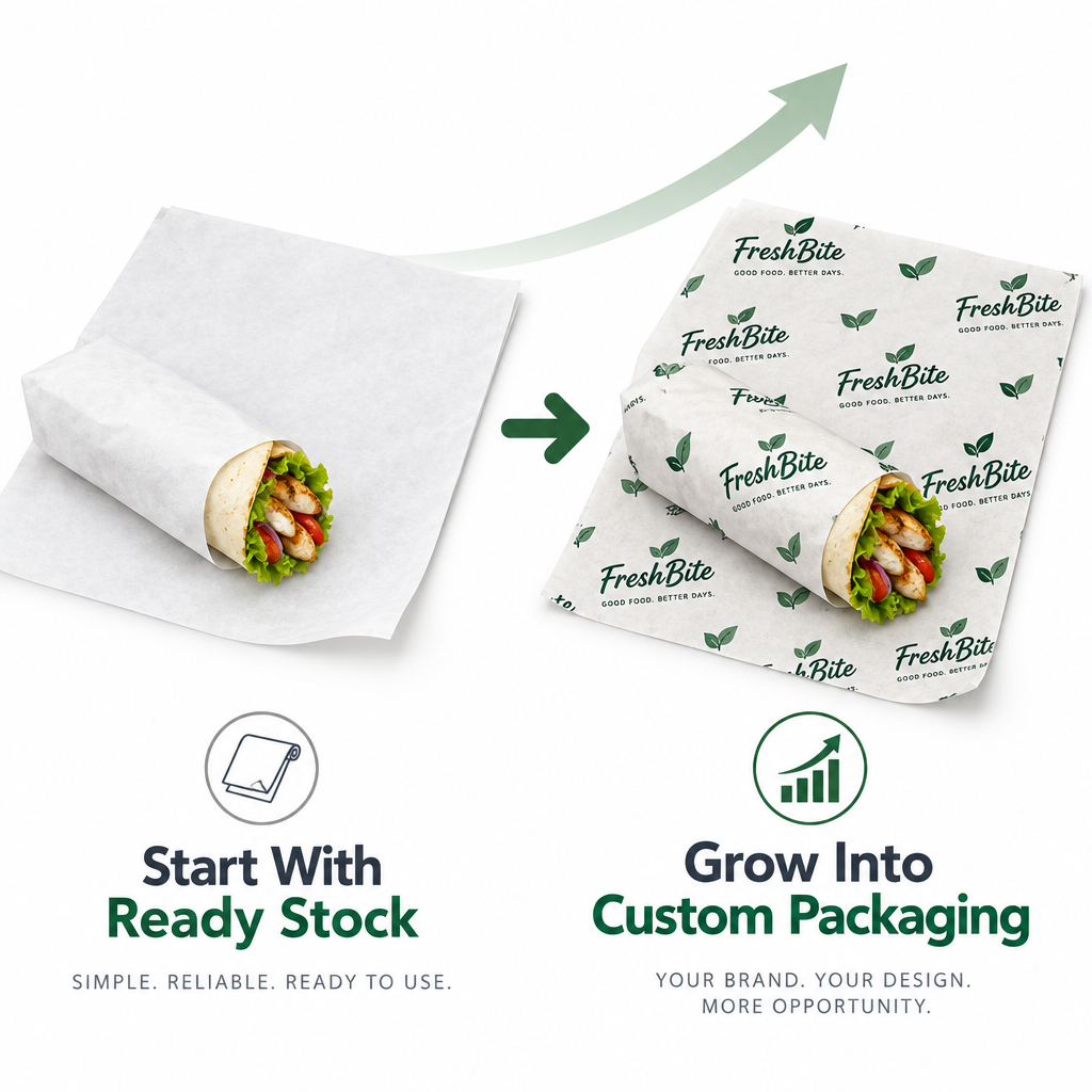 Start with ready stock deli wrap paper and grow into custom printed packaging