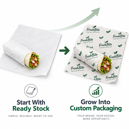 Start with ready stock deli wrap paper and grow into custom printed packaging