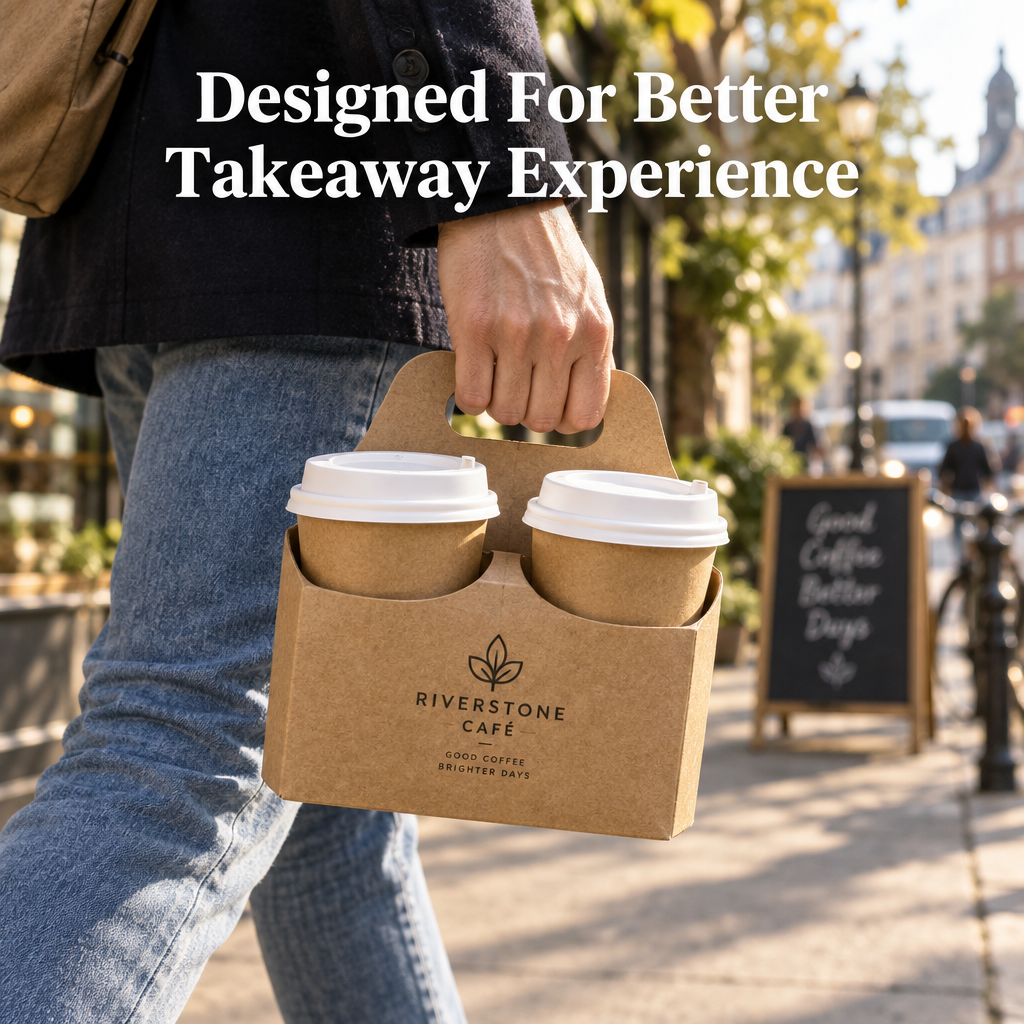 Customer walking on city street carrying 2 takeaway coffee cups in custom kraft carrier with handle