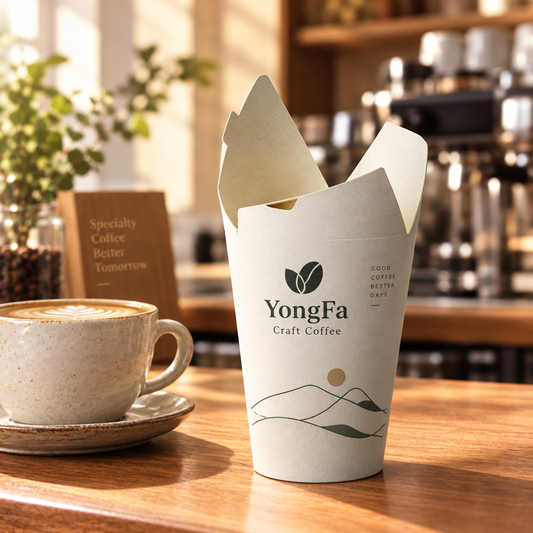 Custom printed butterfly paper cup with custom logo on specialty cafe wooden bar counter