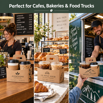 Custom kraft double cup carriers used in cafes, bakeries, and gourmet food trucks