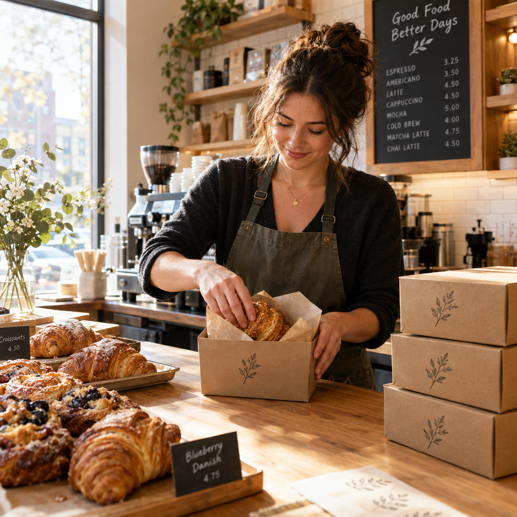 Small cafe entrepreneur packing takeaway food orders in eco-friendly custom printed kraft boxes