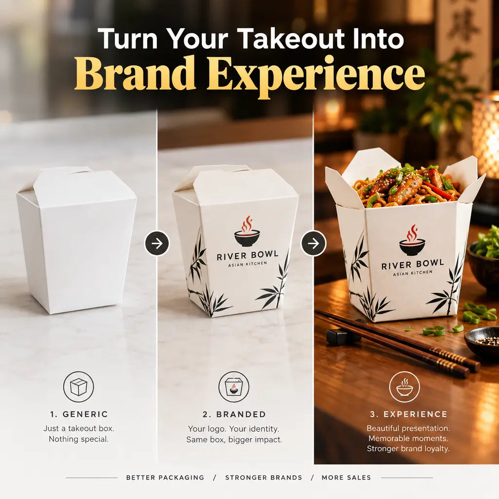 Turn Your Takeout Into Brand Experience — plain noodle box transformed into a custom logo printed box and styled restaurant presentation