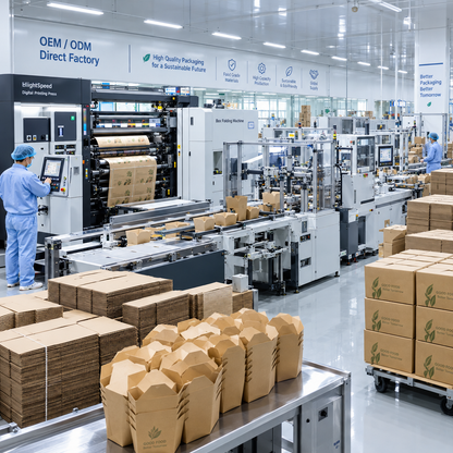 Direct factory manufacturing facility producing custom printed kraft food boxes and takeout packaging