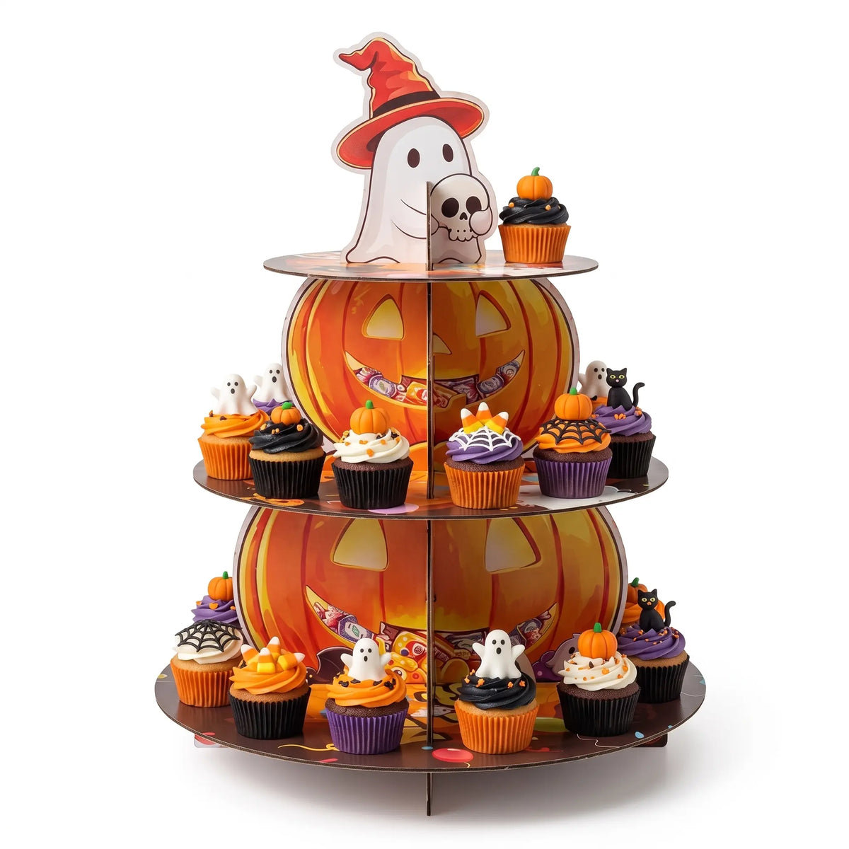 Cute ghost and pumpkin 3 tiered paper cupcake holder for Halloween party