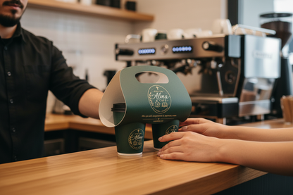 Eco-friendly Kraft double-cup takeout holder by YongFa Packaging, designed for universal fit coffee shop cups.