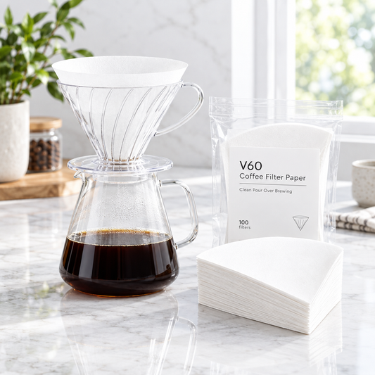 V60 Coffee Filter Paper in glass cone dripper with pour over carafe and 100 pack filters for cafes and home brewing