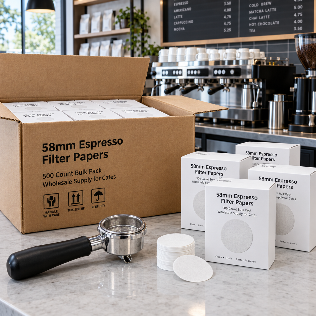 Wholesale 58mm espresso filter papers bulk carton supply directly from factory for cafes and coffee distributors